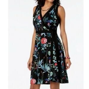 Tommy Hilfiger Floral Wrap Dress Black V Neck Belted Size 4